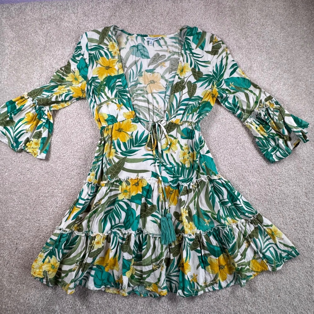 Blue Island Tropical Floral Palm Mini Dress XS White Green Yellow Rayon Boho Tie